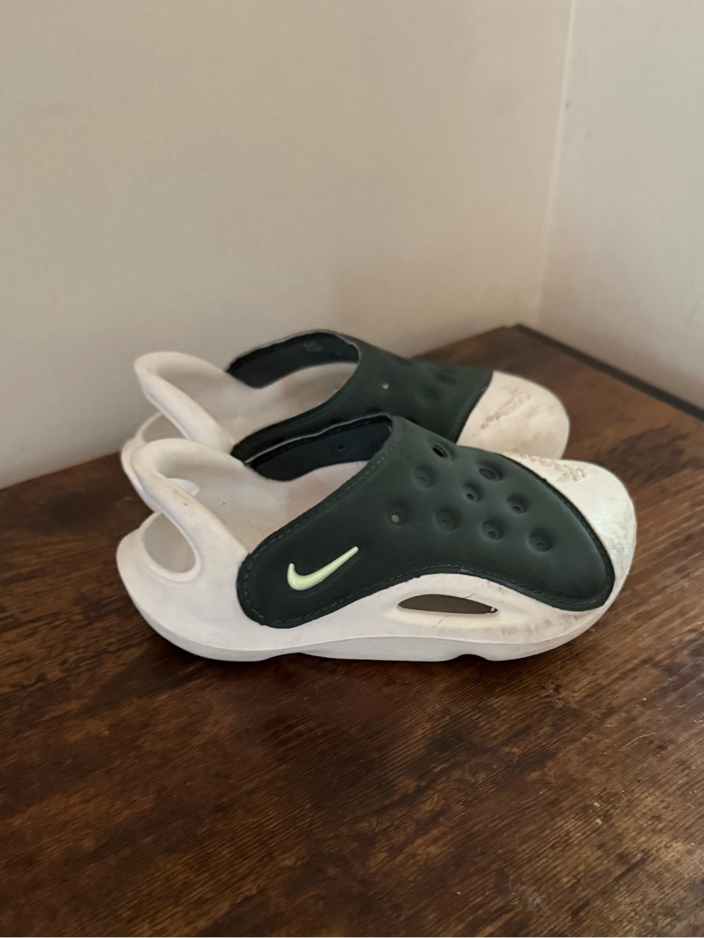 Nike Kids White and Dark Green Slip-On Sandals with Lime Swoosh